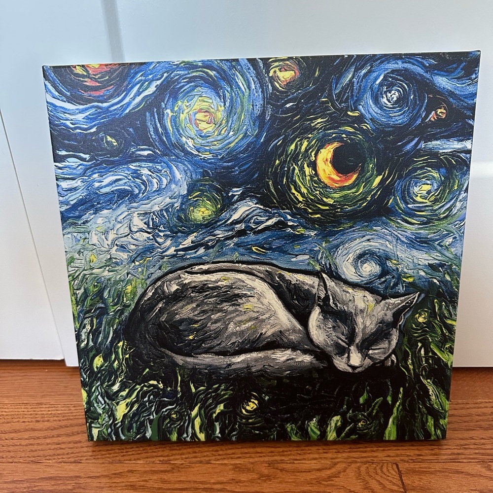 Sleepy Grey Cat Starry Night Cat Art Print